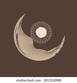 Logo con la luna y la estrella al estilo Boho. Grunge formas geométricas texturadas .Diseño mínimo con elementos de grano . Icono de moda. Ilustración del vector.