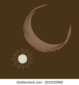 Logo with moon and star in Boho style. Grunge textured geometric shapes  .Minimal design with grange elements . Trendy icon . Vector illustration .