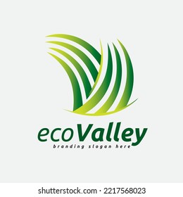 Logo is mostly focusing here v model green valley, garden scenario, organic products and v pattern interior plantation.