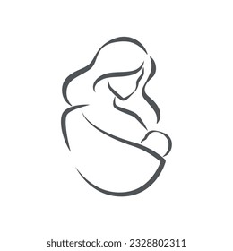 Logo with mother and baby. Stylized outline symbol. Motherhood, love, mother care, woman, child, baby sling. Silhouette, icon logo sign Vector illustration