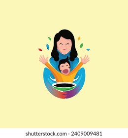 Logo de madre e hijo frente al tazón de comida felizmente con licencia comercial y para cualquier uso