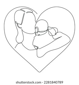 Logo with mother holding her baby in the shape of a heart. Continuous line art vector illustration.