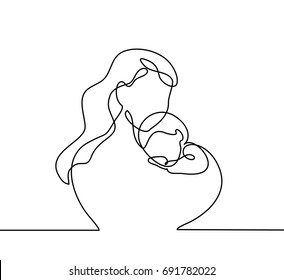 Logo With Mother Holding Her Baby With Heart Shape. Continuous Line Art Vector Illustration