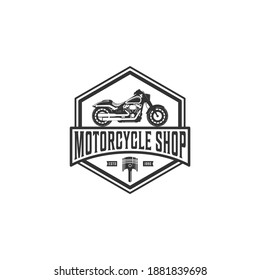 logo for motorbike repair shop with big motorbike illustration