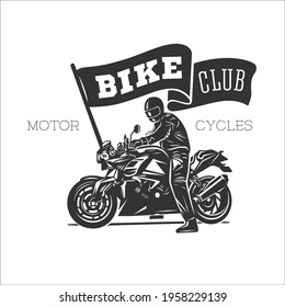 Logo of motorcycle, vintage illustration. Racing motorcycle illustration, design elements. Black and white vector illustration.
