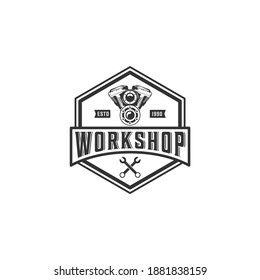 logo for motorized vehicle workshop with engine illustration