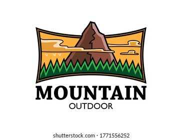 Logo for mountain activities, consisting of a typeface and a very simple graphic mountain landscape with trees, sky and clouds; with color and black line.