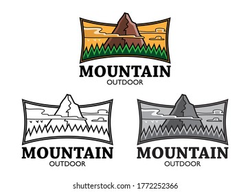 Logo for mountain activities, consisting of a typeface and a very simple graphic mountain landscape with trees, sky and clouds. The element is in three versions: white and black, grayscale and color. 