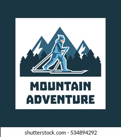 Logo mountain adventure. Label, stamp. Winter landscape, snow-capped mountains, the forest, the skier walking in the snow. Sports lifestyle. Vector illustration 