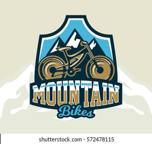 Logo mountain bike. The emblem of the bicycle and the mountains. Extreme sport. Freeride, downhill, cross-country. Badges shield, lettering. Vector illustration.