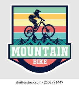 Un logo para bicicleta de montaña con el nombre de bicicleta de montaña en él. Diseño de camiseta con logo de montaña para estampado.