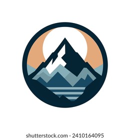 A logo of a mountain inside a circle, using flat design, solid colors, and minimalist style