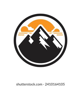A logo of a mountain inside a circle, using flat design, solid colors, and minimalist style