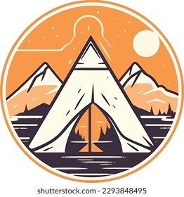 A logo for a mountain range with a mountain and a lake in the foreground.