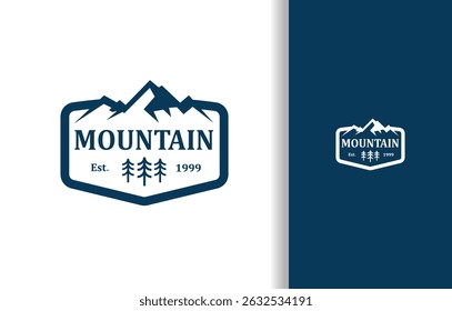 A LOGO OF MOUNTAIN SILHOUETTE WITH TREE AND FRAME IN BLUE COLOR FOR NATURE COMPANY