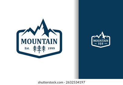 UN LOGOTIPO DE SILUETA DE MONTAÑA CON ÁRBOL Y MARCO EN COLOR AZUL PARA LA COMPAÑÍA DE LA NATURALEZA