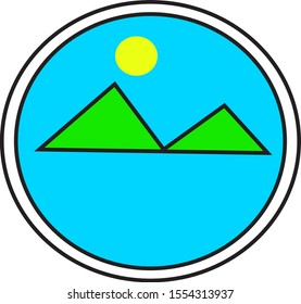 a logo with a mountain and sun with a blue base
