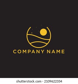 logo of mountain and sun views. Modern outline design illustration of a sun and mountain view on a lake. Vector art line icon template and gold colour