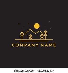 logo of mountain and sun views. Modern outline design illustration of a sun and mountain view on a lake. Vector art line icon template and gold colour