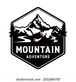 Logotipo, aventura de excursión por montaña, ilustración vectorial