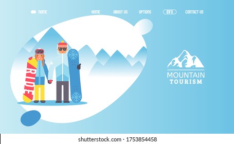 Logo mountain tourism, vector illustration. Main page travel company, happy couple at mountain resort, outdoor activity with snowboard. Consumer choice company with creative logo, proper advertising.