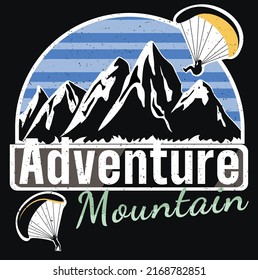 Logo con montañas y un cielo azulado a rayas sobre el que vuelan los paracaidistas. Ilustración de material vectorial. Estilo retro. Deportes extremos.
