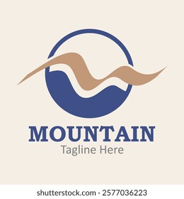 Logo mountains brand with blue circle and tan waves suitable for outdoor and adventure companies, travel blogs, and naturethemed designs.
