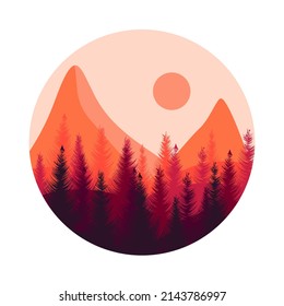 Logo with mountains and forest. Mountain forest at sunset round logo. Vector logo.