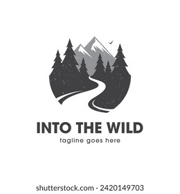 Logo with mountains, forest and river. Adventure, travel and hiking symbol.