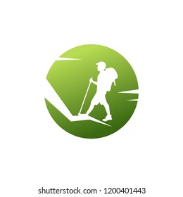 ​Simple logo with mountains landscape. Circle emblem for branding identity. Vector image.