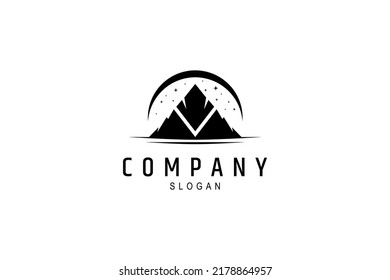 logo of mountains at night under moonlight and stars in flat design style