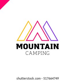 Logo of mountains in style of M or A and camping tent icon. Camp logotype yellow, pink, blue outline color