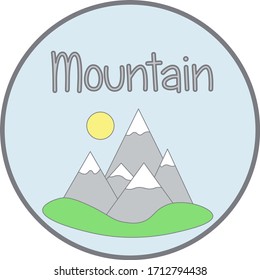 Logo with mountains and sun and grass.