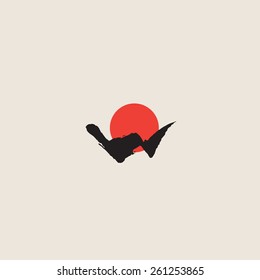 Logo, mountains and sun. Mountain - letter W  Company logo design.