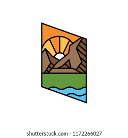 the logo with the mountains, the sunset and the river