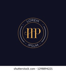 Logo MP round shape, minimalistic in gold color on a black background, for fashion