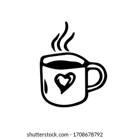 Logo of a mug with a hot drink and steam. Doodle illustration of a Koch tea Cup. Vector mug with a heart on a white background with a hot drink