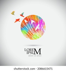 Das Logo der mehrfarbigen Zweige des Baumkreises mit fliegenden Vögeln . Vektorgrafik