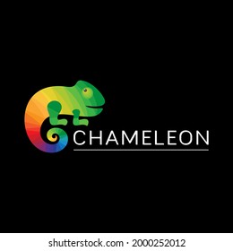 Logo multicolored chameleon. Icon, sign, trademark with a bright reptile and the word chameleon on a black background. Green, yellow, blue, red, orange colors. Vector illustration.