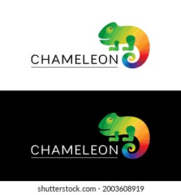 Logo multicolored chameleon. Icon, sign, trademark with a bright reptile and the word chameleon on a black and white background. Green, yellow, blue, red, orange colors. Vector illustration.