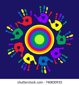 Logo with a multi-colored circle and a palm prints