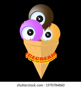 logo multicolored ice cream balls with eyes in the cone with the inscription