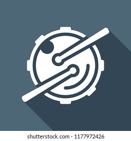 Logo for music app. Drum with drumsticks and camera. Simple icon. White flat icon with long shadow on background