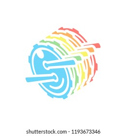 Logo for music app. Drum with drumsticks and camera. Simple icon. Stack of colorful isometric icons on white background