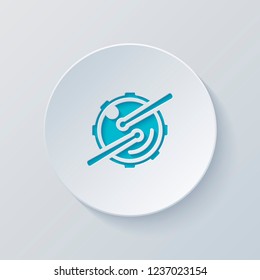 Logo for music app. Drum with drumsticks and camera. Simple icon. Cut circle with gray and blue layers. Paper style
