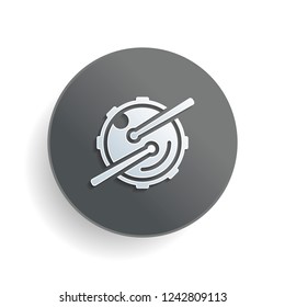 Logo for music app. Drum with drumsticks and camera. Simple icon. White paper symbol on gray round button or badge with shadow