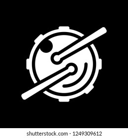 Logo for music app. Drum with drumsticks and camera. Simple icon. White icon on black background. Inversion