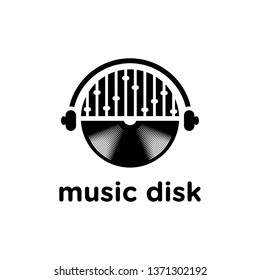 Logo of music disk with music beat and earphone - clip art vector
