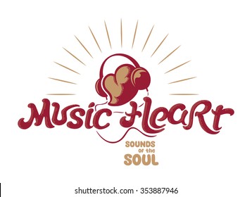 Logo Music Heart sound of the soul - red. White background. Logo illustration with heart and headphones. T-shirt label design. Badges print illustration. Heart logo. Letter design logotype.