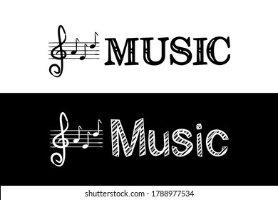 Logo for the Music school subject. Hand-drawn icon of notes and treble clef with title. Music emblem in chalk style on a black chalkboard. Vector illustration for poster, banner or education project.